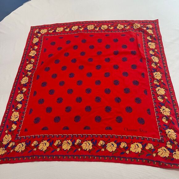 Christian Dior CD Print Vintage Red Silk Scarf - Picture 1 of 11